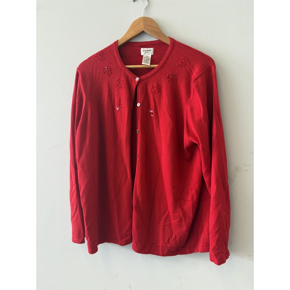Liz Baker Cardigan Sweater Womens 1X Red Floral Embroidered Button Front Knit